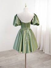 Sage Green Satin Short Homecoming Dress 8th Grade Dance Dress with Bubble Sleeves - DollyGown